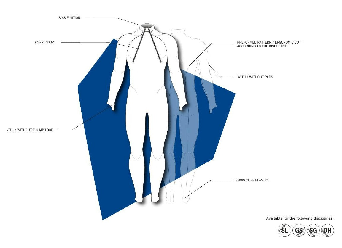 Downhill race suit technical illustration showing two front zippers