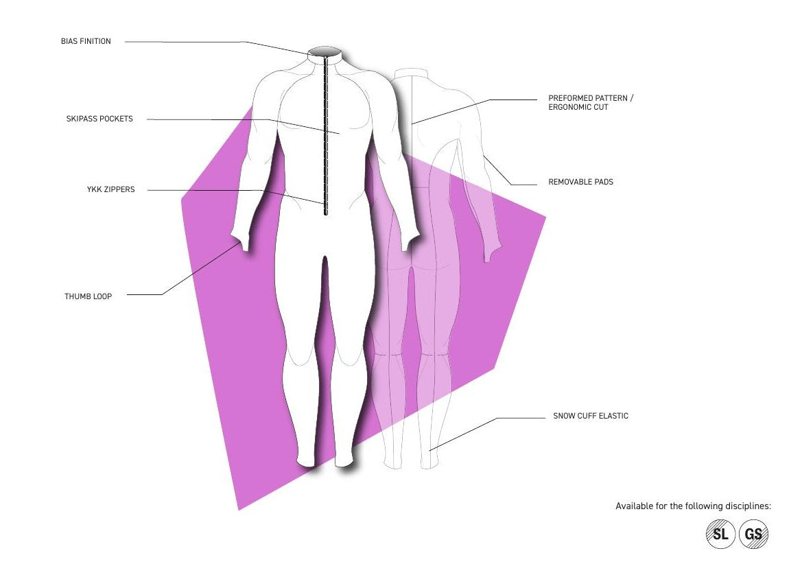 GS race suit technical illustration showing one front zipper and removable pads